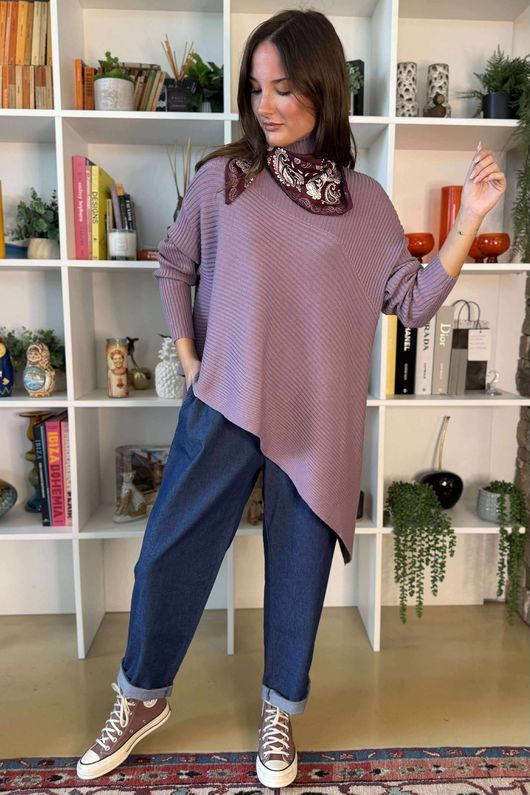 Bowie Asymmetric Turtle Neck Ribby Knit Dewberry